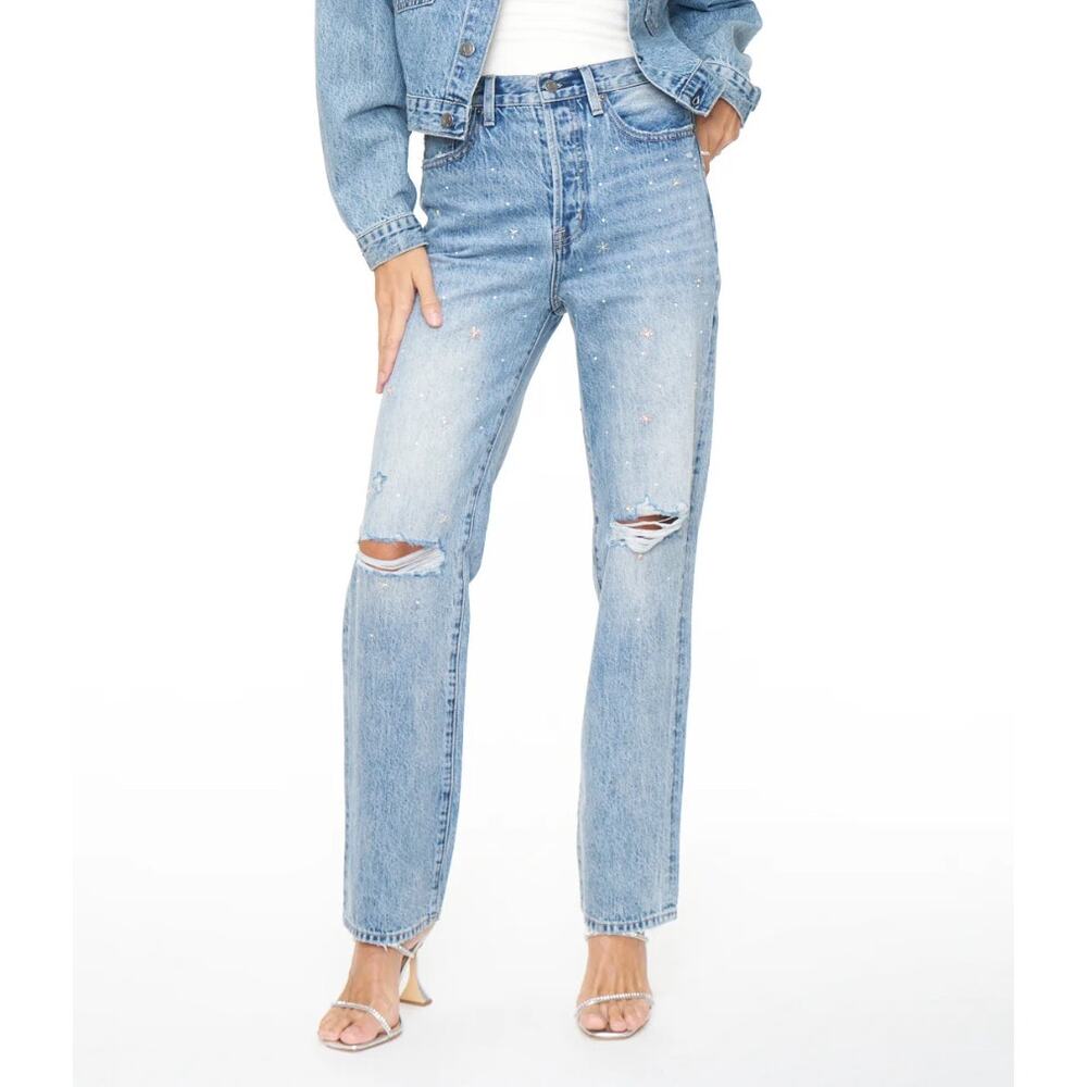 Pistola Cassie Super High Rise Straight Distressed Crystal Star Jeans Blue 28